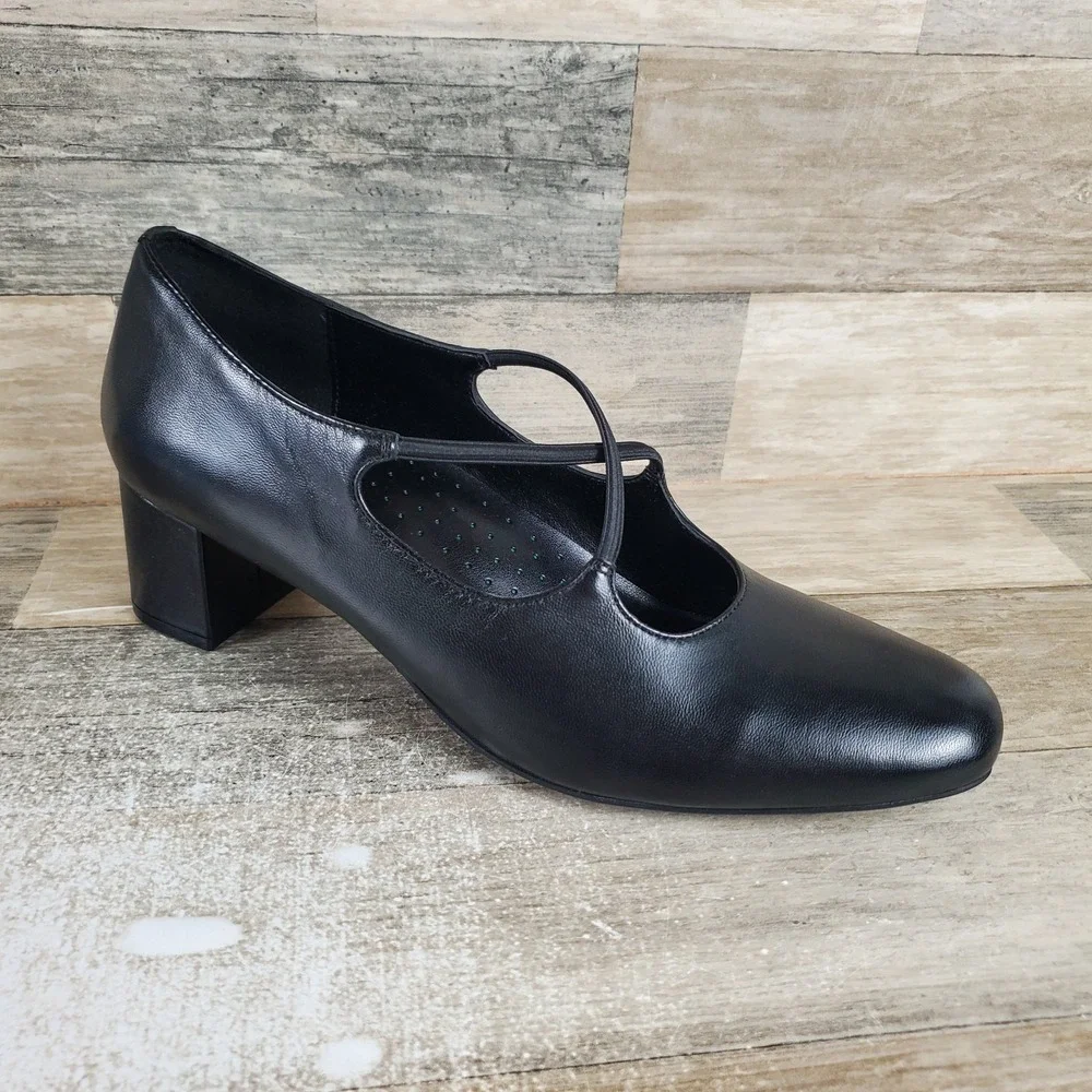 Trotters Demi Womens Pump Sz 10.5 N Black Leather Cross Strap Slip On Block Heel